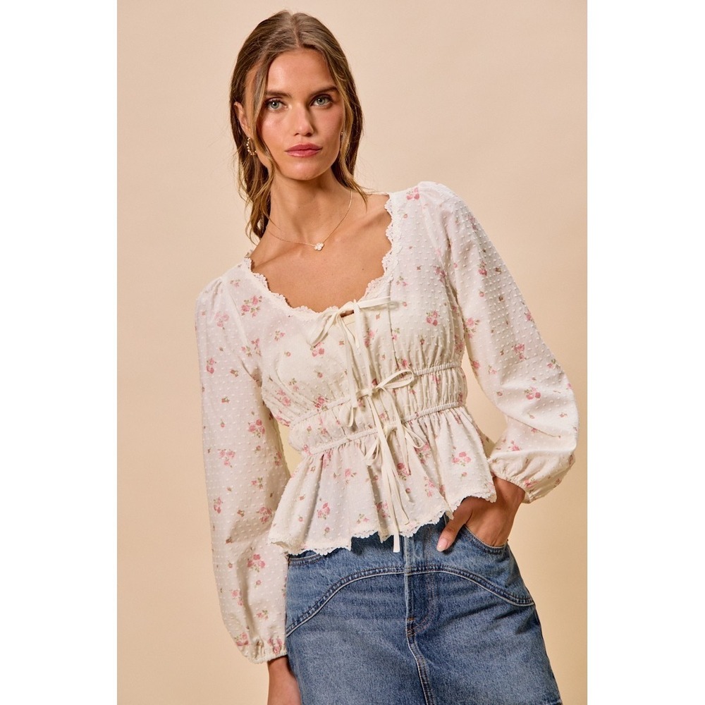 SO ME Floral Clip Dot Lace Trim Ruched Bodice Blouse - White - Medium - Picture 7 of 16